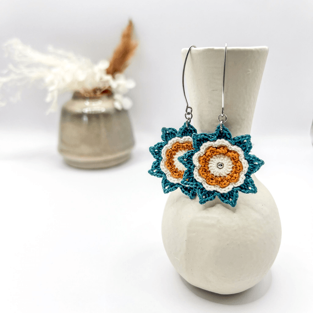 Boucles d’oreilles fleurs Corolles ~ L ~ Bleu canard / Terracotta