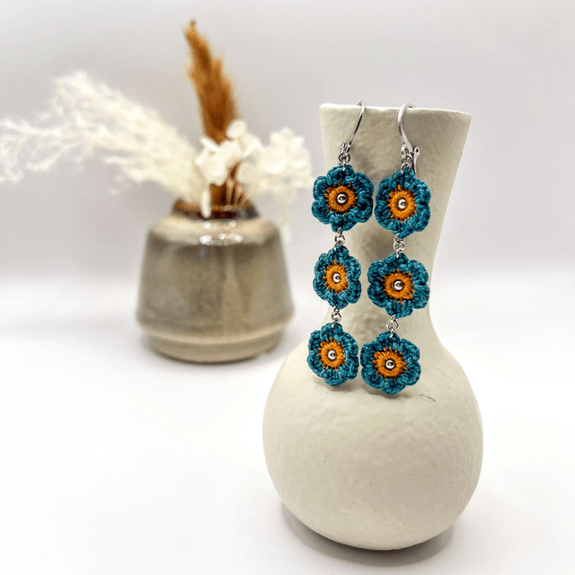  Longues boucles d’oreilles fleuries bleu canard & terracotta