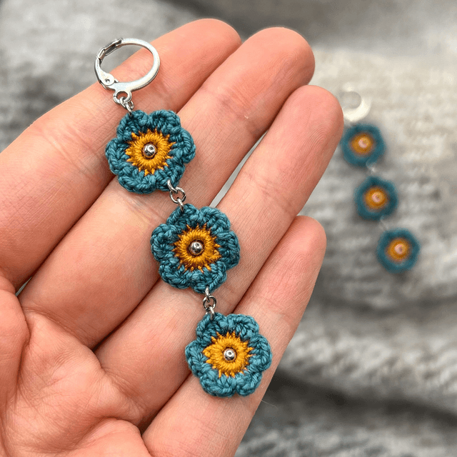  Longues boucles d’oreilles fleuries bleu canard & terracotta