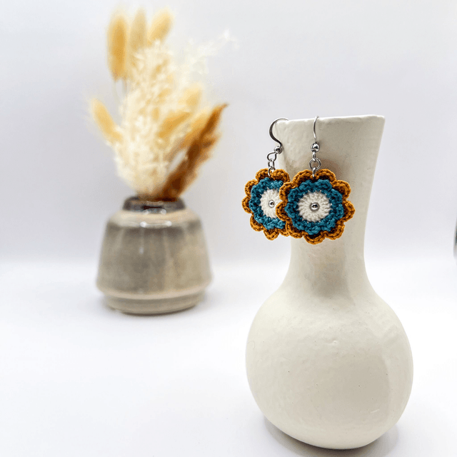 Boucles d’oreilles fleurs Corolles ~ M ~ Bleu canard / Terracotta