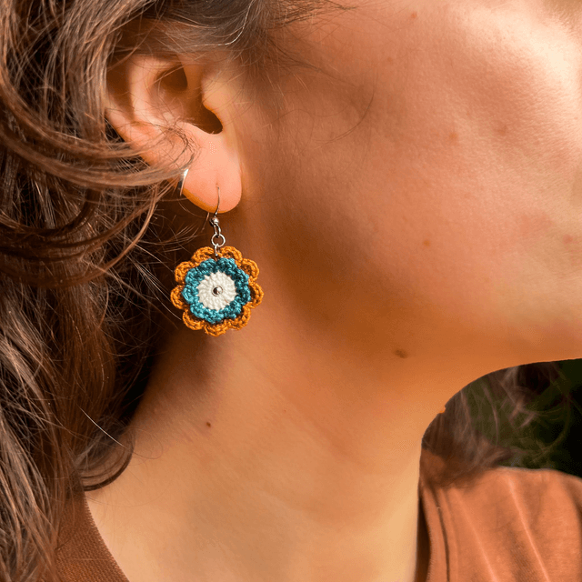 Boucles d’oreilles fleurs Corolles ~ M ~ Bleu canard / Terracotta