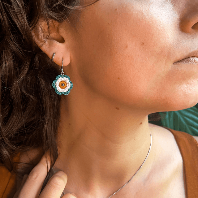 Boucles d’oreilles fleurs Corolles ~ S ~ Bleu canard / Terracotta