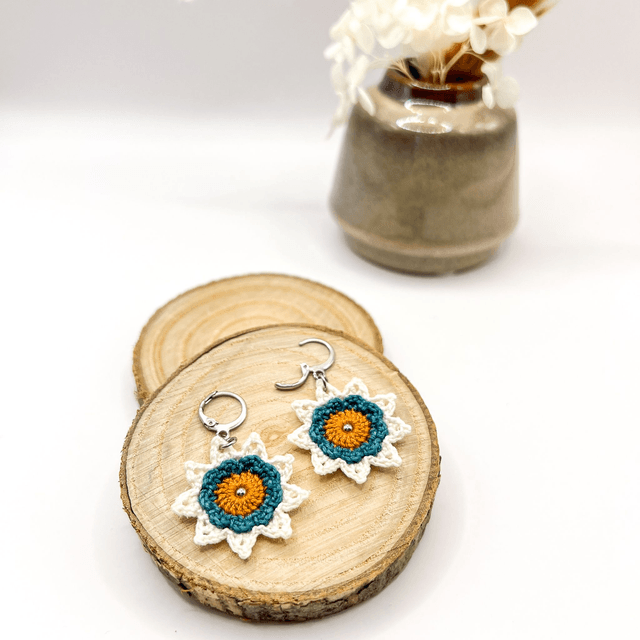 Boucles d’oreilles fleurs Corolles ~ M ~ Bleu canard / Terracotta