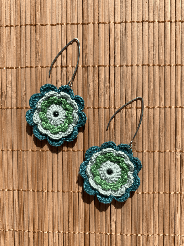 Boucles d’oreilles fleurs Corolles ~ L ~ Vert / Bleu