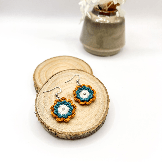 Boucles d’oreilles fleurs Corolles ~ M ~ Bleu canard / Terracotta