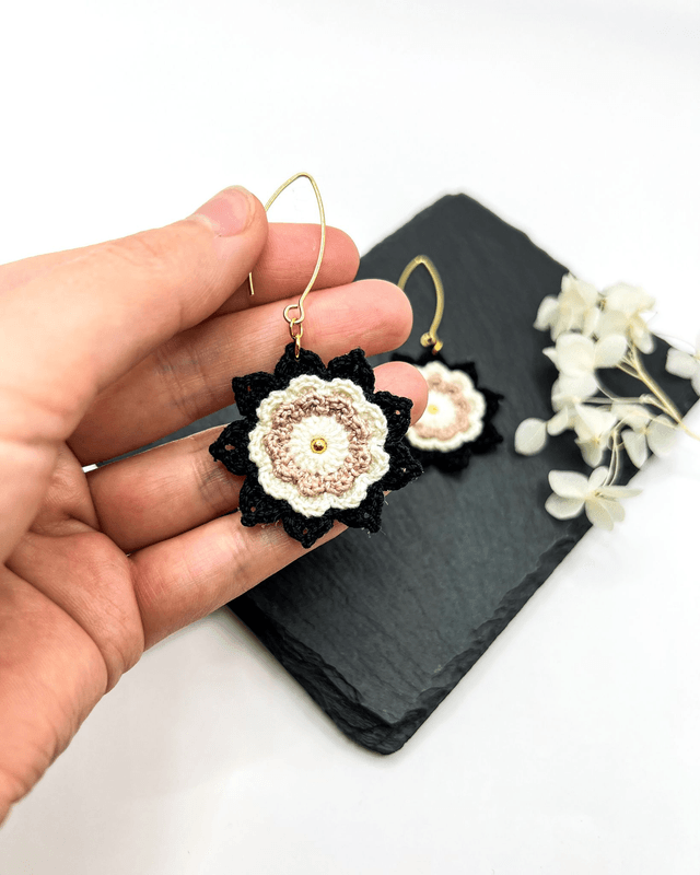 Boucles d’oreilles fleurs Corolles ~ L ~ Noir / Blanc